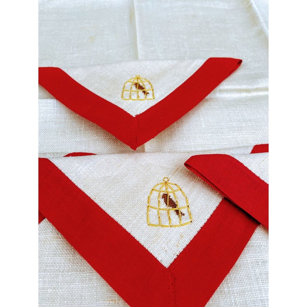 Vintage 1940s Linen Luncheon Tablecloth Napkins Man Sombrero Birdcage Embroidery - Picture 5 of 11
